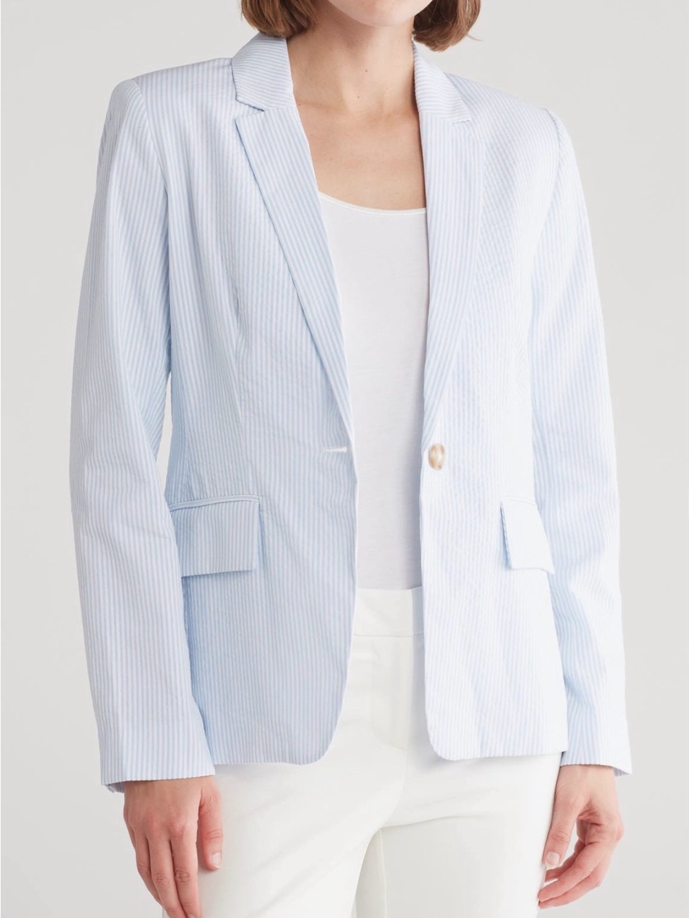 Workshop Republic Women’s Light Blue Striped Cotton Blazer